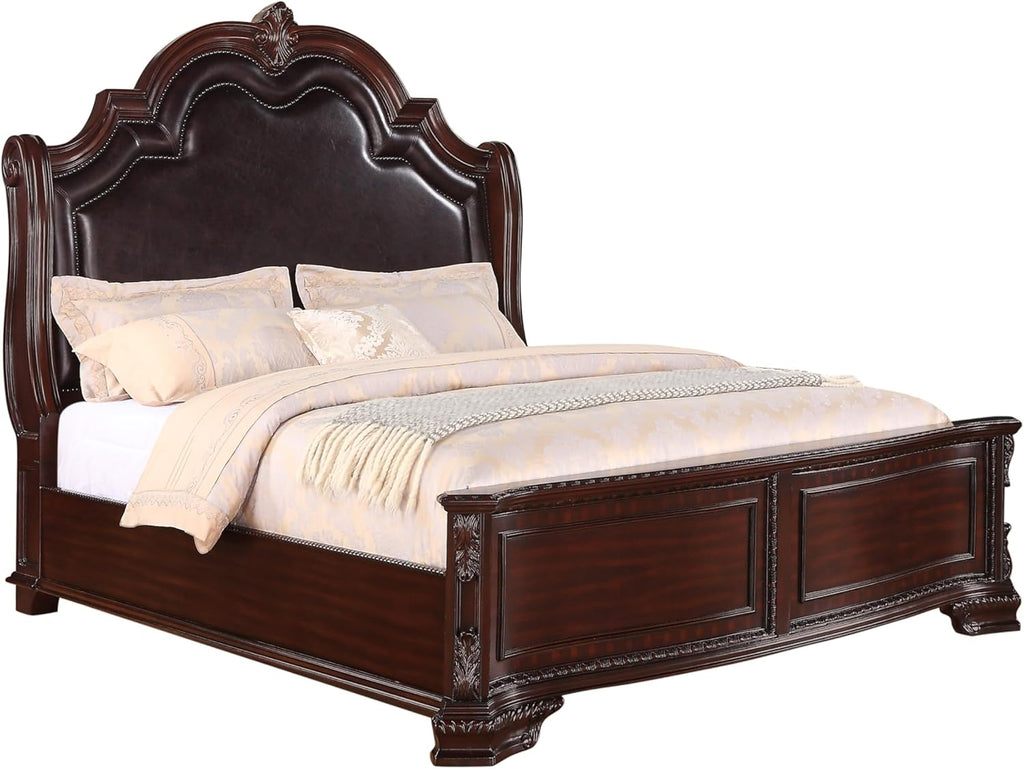 Traditional 3pc King Size Faux Leather Panel Bed with 2 Nightstands Cherry Finish C718221