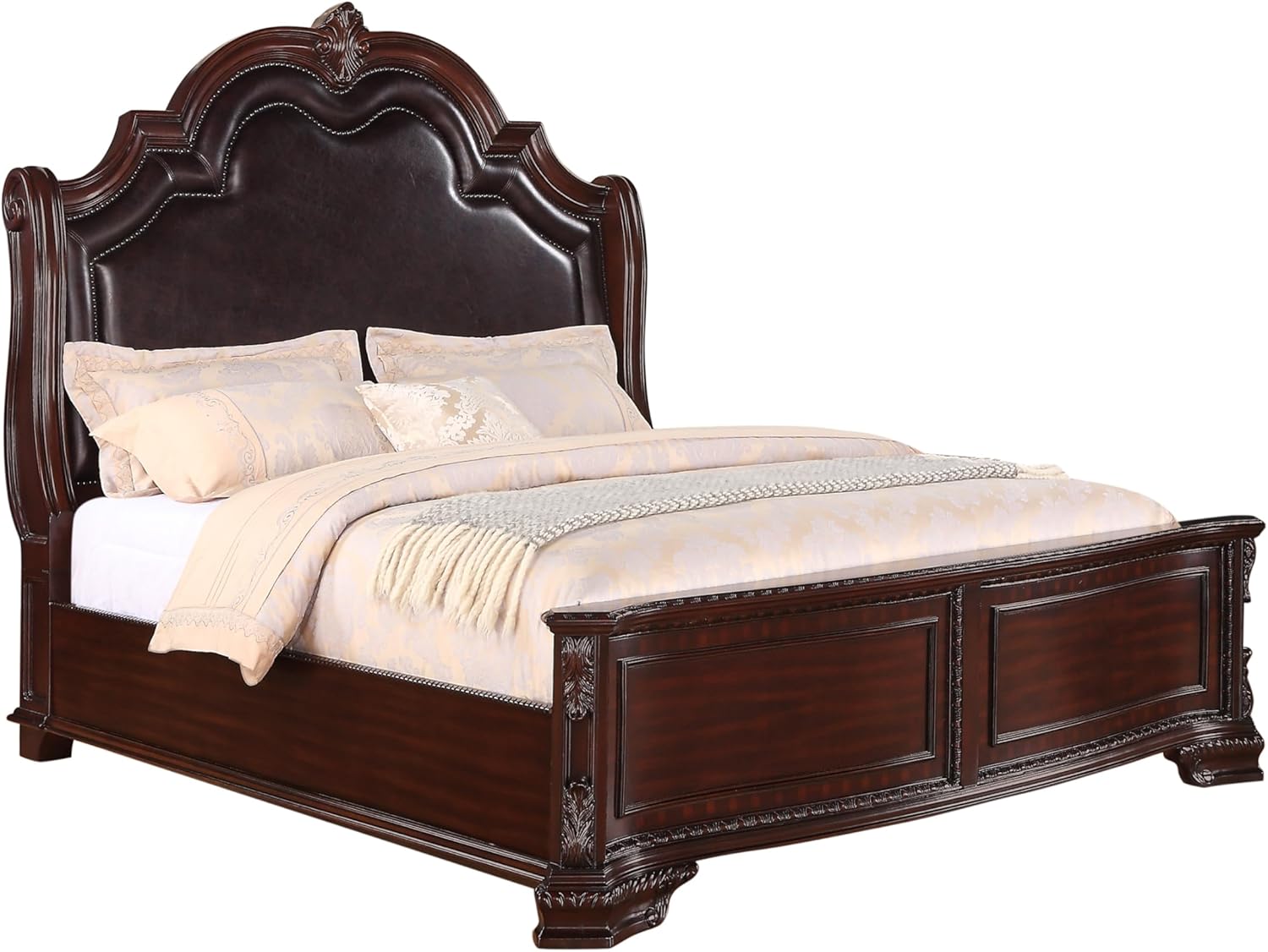 Traditional 3pc King Size Faux Leather Panel Bed with 2 Nightstands Cherry Finish C718221