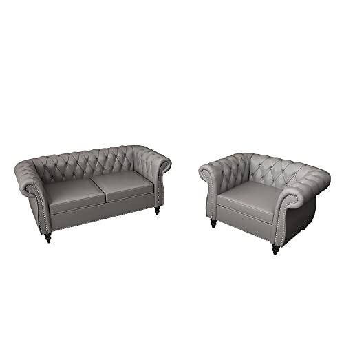 Chesterfield Velvet 3-Piece Living Room Set with Sofa, Loveseat & Chair, Beige Y293104