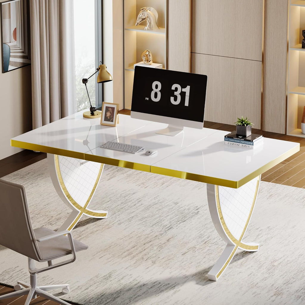 Tribesigns 63" Modern Executive Desk, White & Gold Q821027
