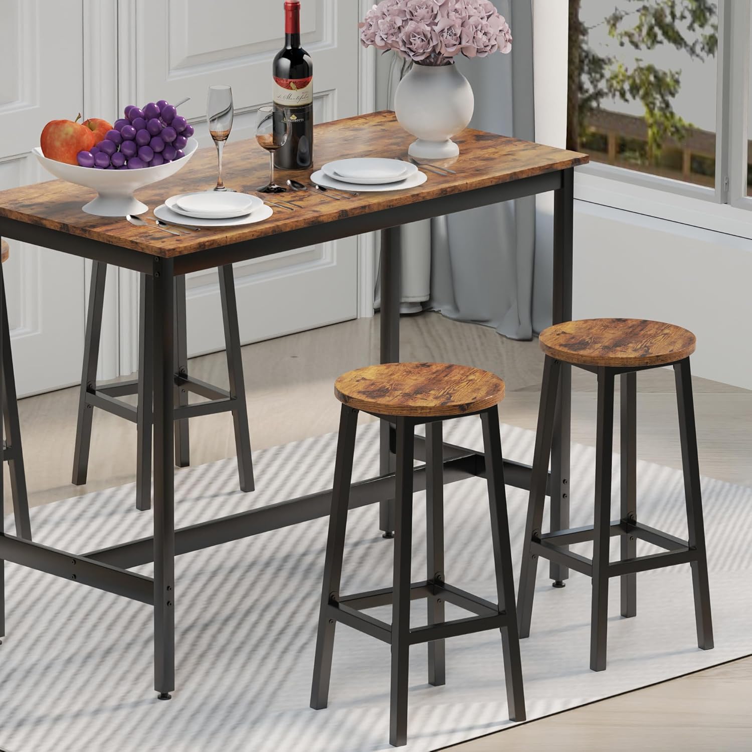 3-Tier Narrow Side Table with Magazine Holder, Set of 2 Bar Stools with Footrest W995575