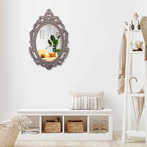 Oval Wooden Hanging Mirror Grey Carved Frame Wall Decor 24"x16" G38518