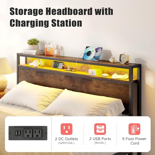 Vintage Brown Bed Frame with LED Light and Charging Station E94634