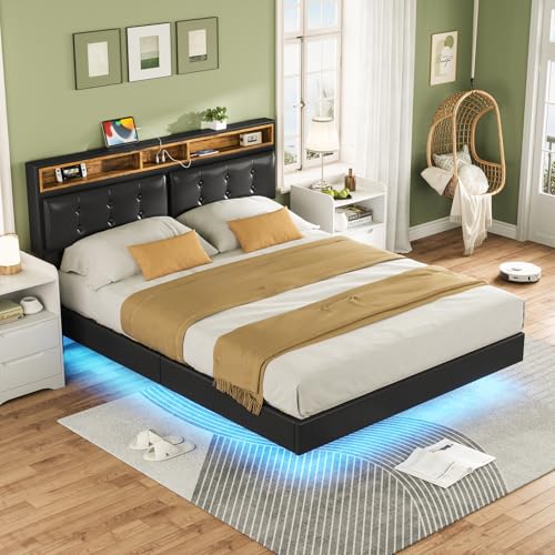 Hasuit California King Floating Bed Frame with LED Lights and Charging Station, Faux Leather Black Z6705