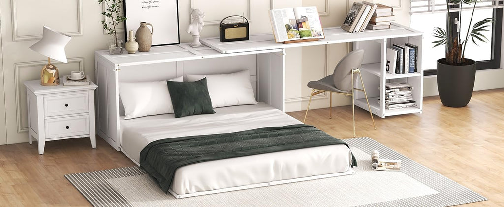 Queen Size Murphy Bed with Rotating Desk, White Finish T516