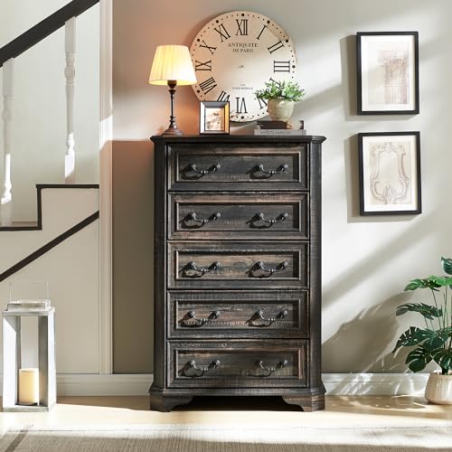 T4TREAM Farmhouse 5 Drawers Dresser, 48" Tall Wood Rustic Chest, Antique White Y4415