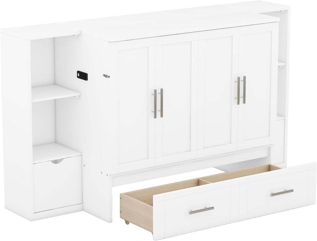 Queen Size Murphy Bed with Shelves, Drawers and USB Ports, White C31721