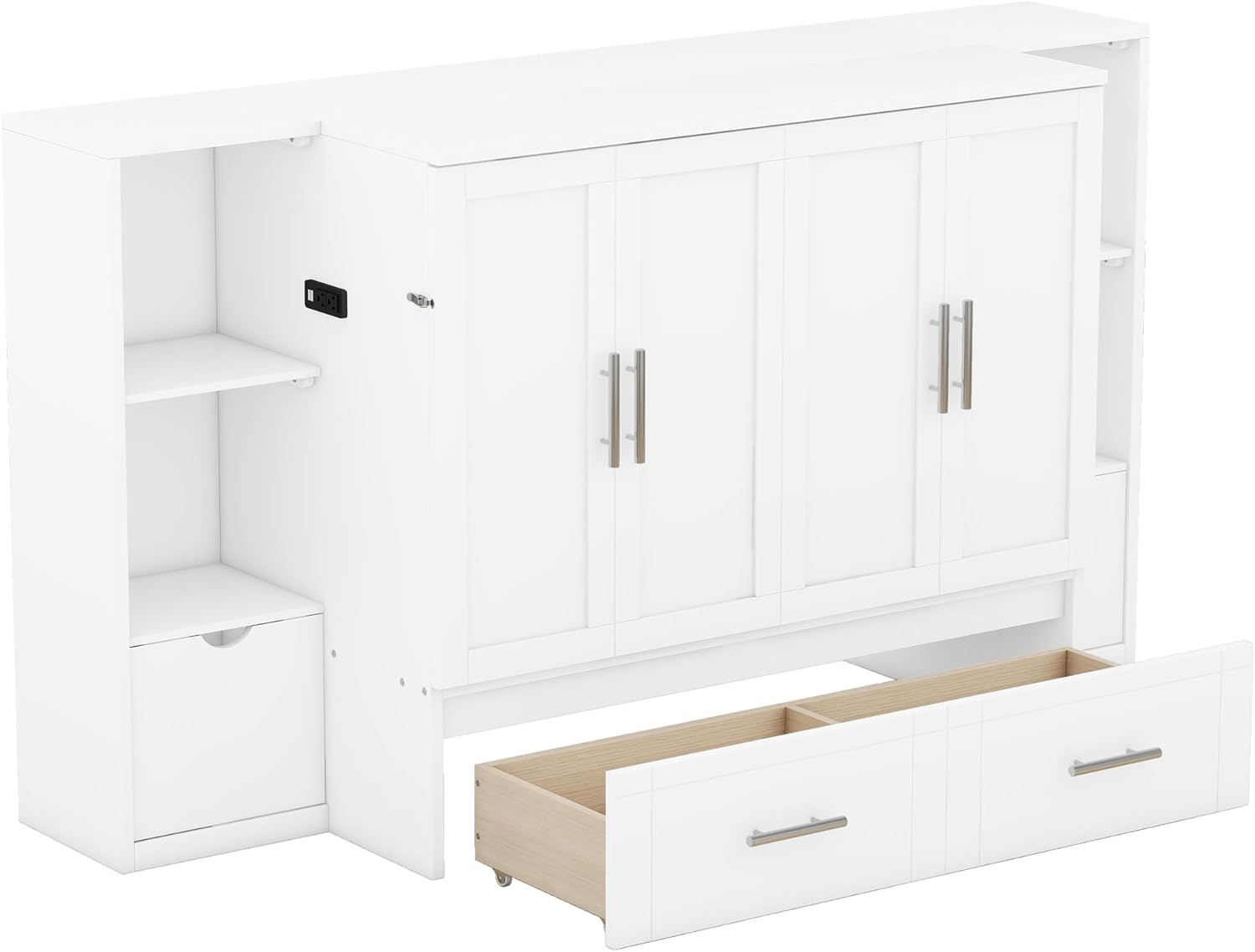 Queen Size Murphy Bed with Shelves, Drawers and USB Ports, White C31721