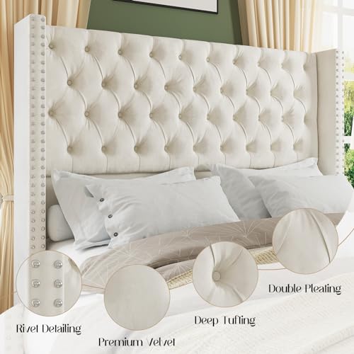 Jocisland King Upholstered Bed Frame with Tall Headboard Wingback Platform Bed, Light Grey R98398