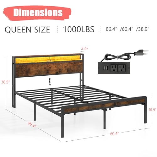 Vintage Brown Bed Frame with LED Light and Charging Station E94634