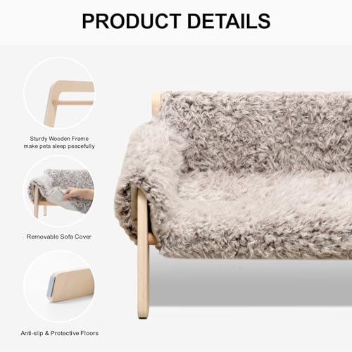 MEWOOFUN Cat Couch Bed, Wooden Pet Sofa with Removable Mattress Cover, Plush Beige F123404