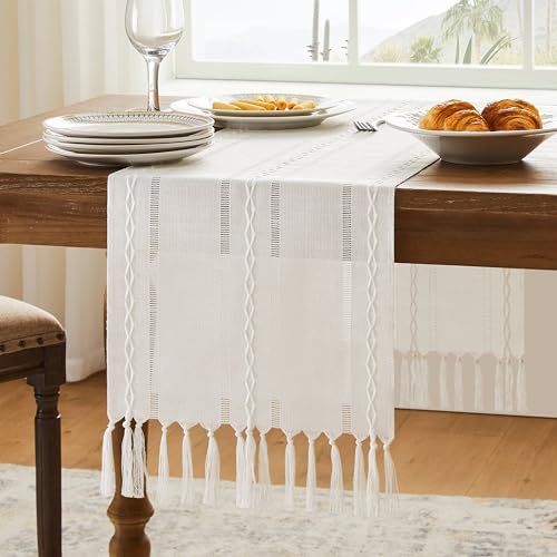 Hemstitched Farmhouse Table Runner, Charcoal 13x72 Inch, Cotton Linen Table Runners 72 Inches Long, Embroidered Striped Grey Boho Table Runner Rustic Home Decor