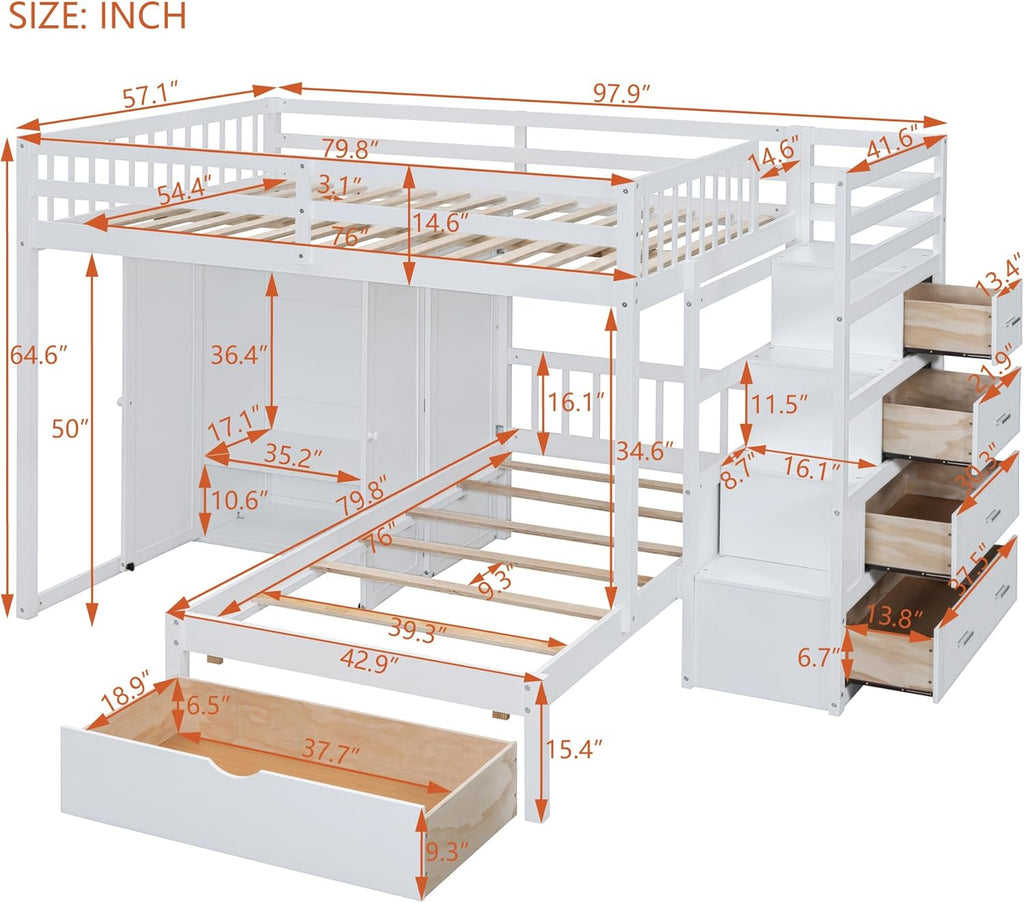Full Over Twin Wood Bunk Bed with Wardrobe, Staircase and Drawers, White W870118