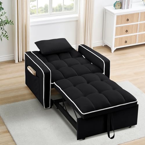 Velvet Tufted 3-in-1 Convertible Sleeper Chair Bed with Adjustable Backrest, Beige L3033
