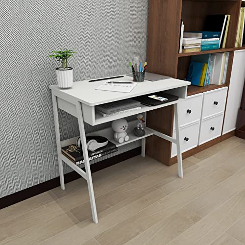 White Wood Corner Computer Desk with Storage I425