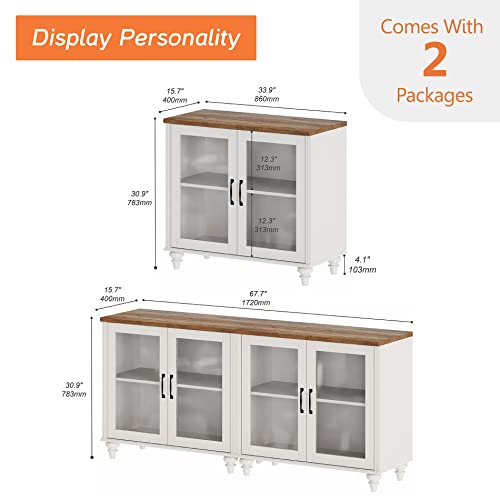 WAMPAT TV Stand for 43 Inch TV with Yellow LED Light, Wood Console Table, Off White I117