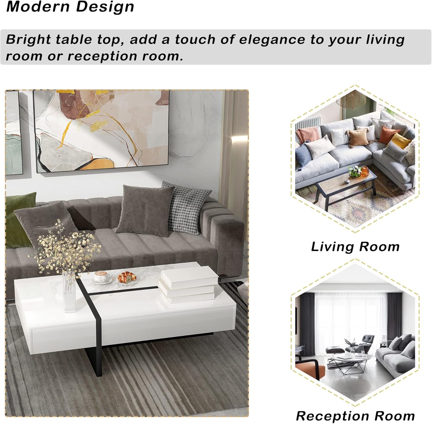 Merax Contemporary Rectangle Coffee Table, High Gloss, White and Black L88478