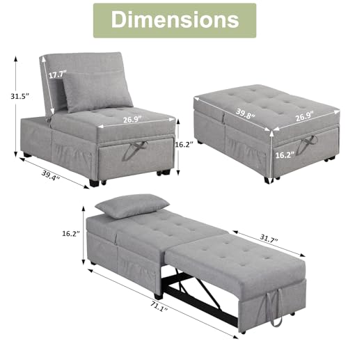 4 in 1 Convertible Sofa Bed Chair with Ottoman, Linen Fabric, Adjustable Backrest C365
