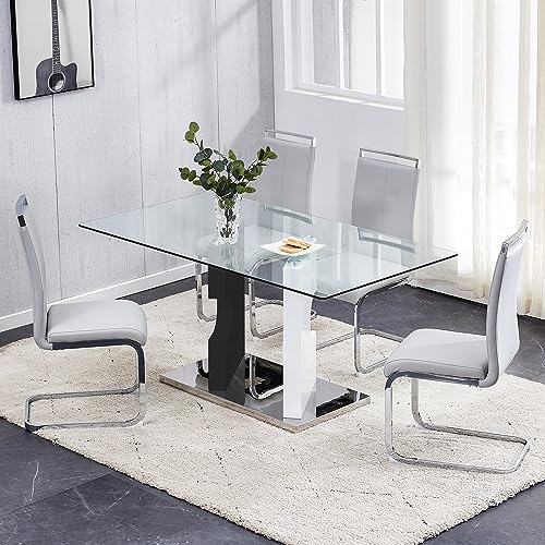 Glass Dining Table Set for 4 with Tempered Glass Top and PU Leather Chairs U1572