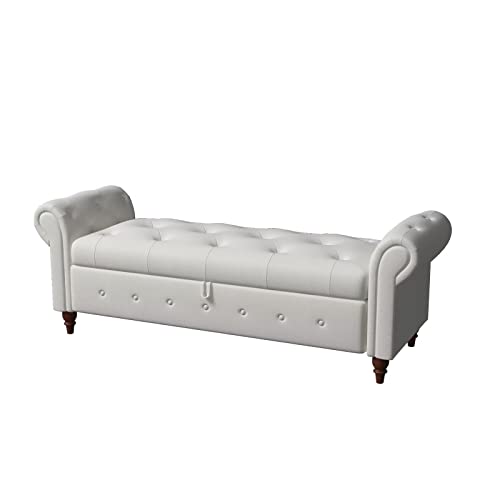 63" Tufted Storage Bench with Rolled Arms and Solid Wood Legs, Blue K38351