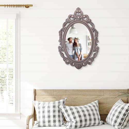 Oval Wooden Hanging Mirror Grey Carved Frame Wall Decor 24"x16" G38518