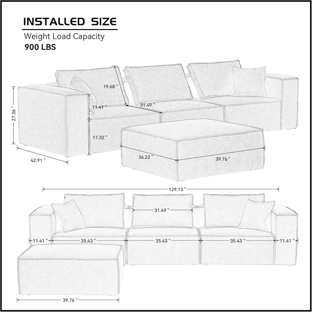 L Shaped Modular Sofa Couch with Ottoman, White Sectional Sofa with Reversible Chaise R587369