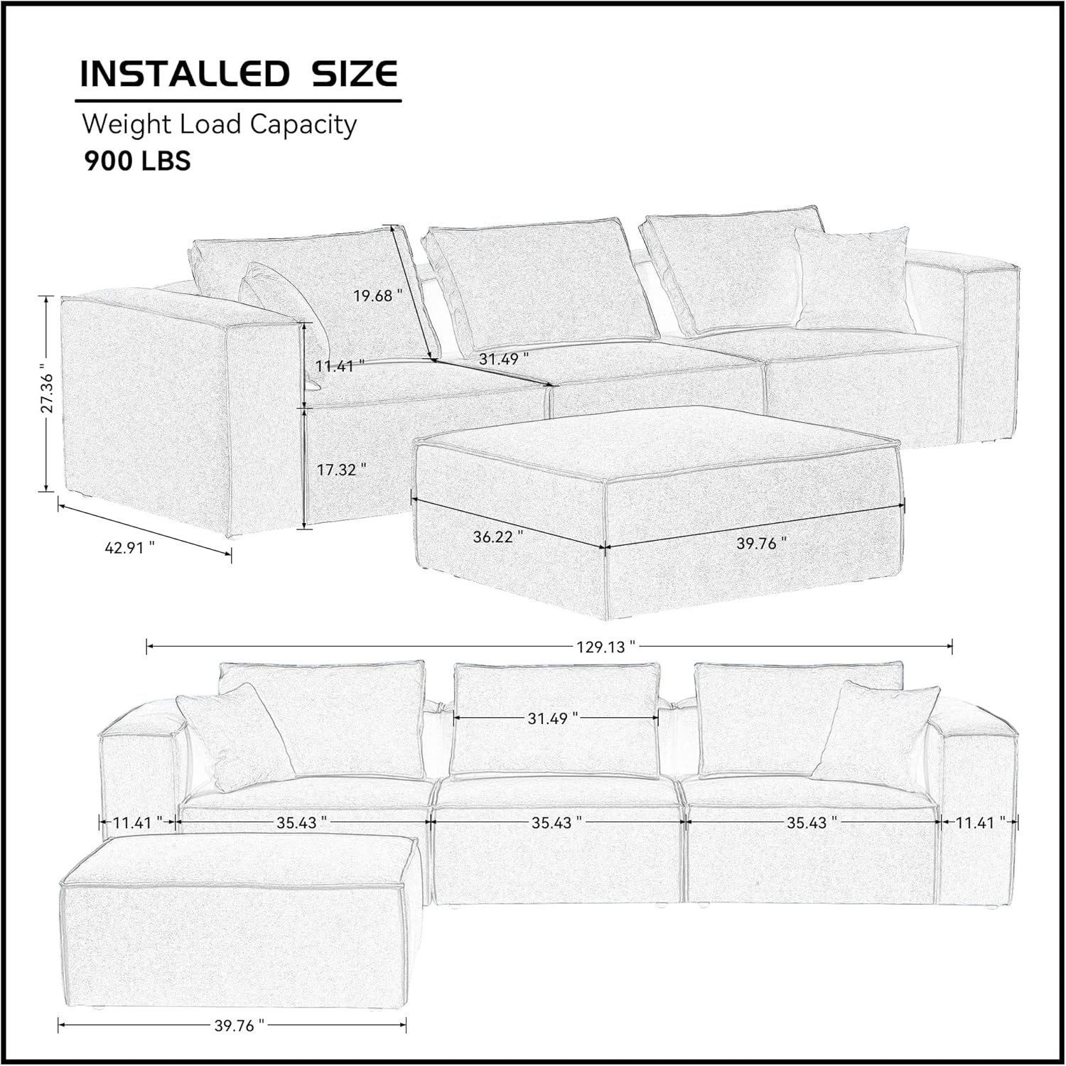 L Shaped Modular Sofa Couch with Ottoman, White Sectional Sofa with Reversible Chaise R587369