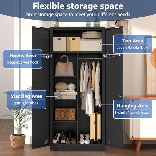 Metal Armoire Wardrobe with 2 Doors, 2 Drawers and Hanging Rod B671843