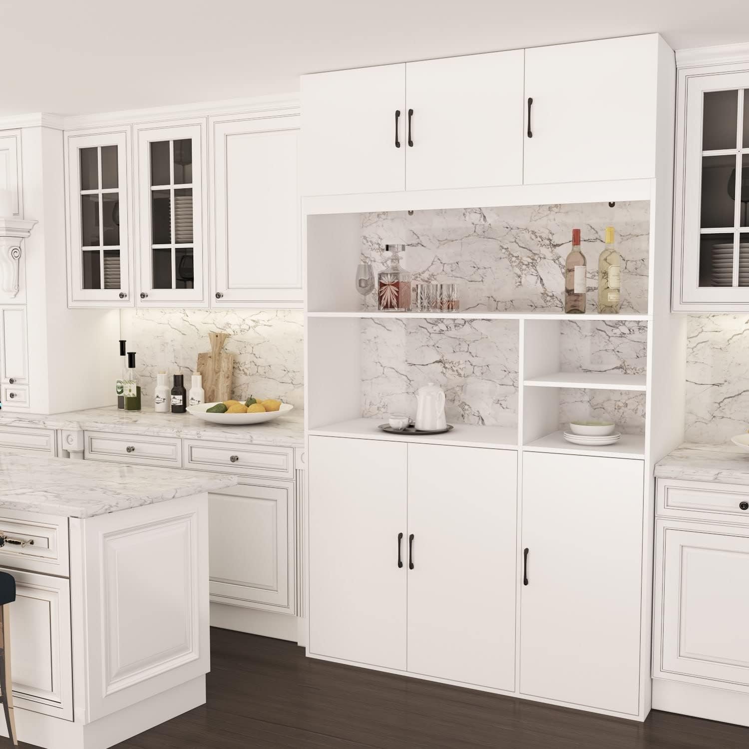 78" Kitchen Pantry Storage Cabinets with Hutch Buffet White Wood
