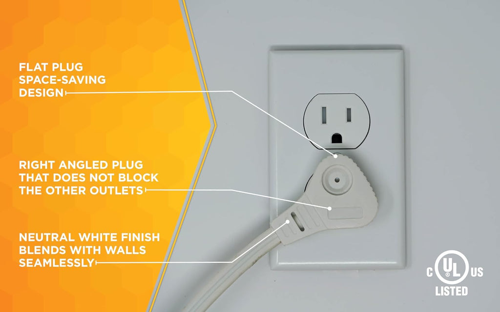 Woods Slimline 2232 Angled Flat Plug Extension Cord, 3 Grounded Outlets, 13-Foot, White M31688