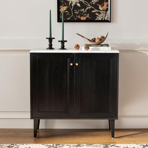 Black Storage Cabinet with Faux Marble Top & Adjustable Shelves A5746