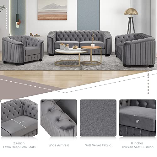 Velvet Chesterfield 3-Piece Living Room Sofa Set Grey Y688794