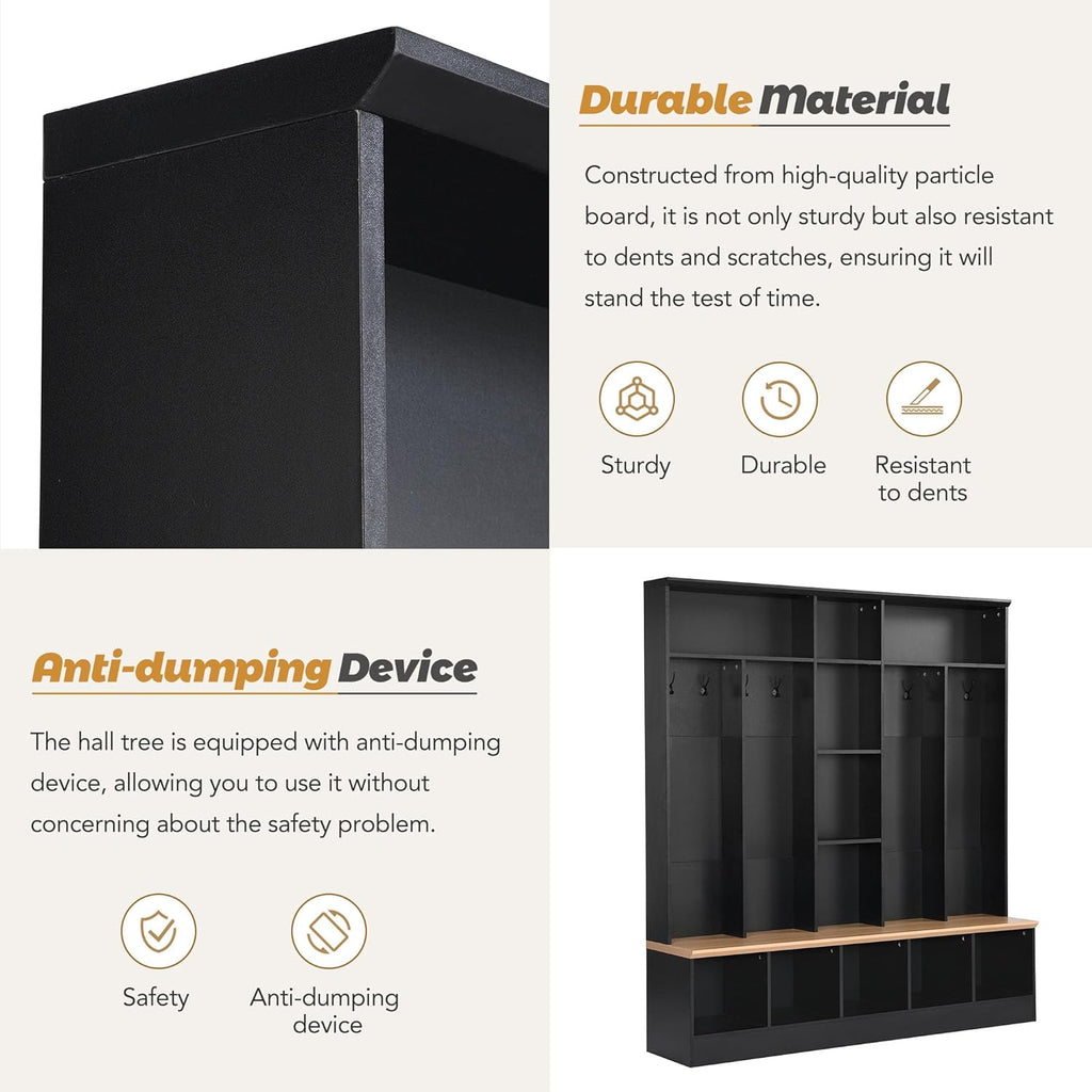 Hall Tree with Storage Bench and 8 Hooks, Black F639396