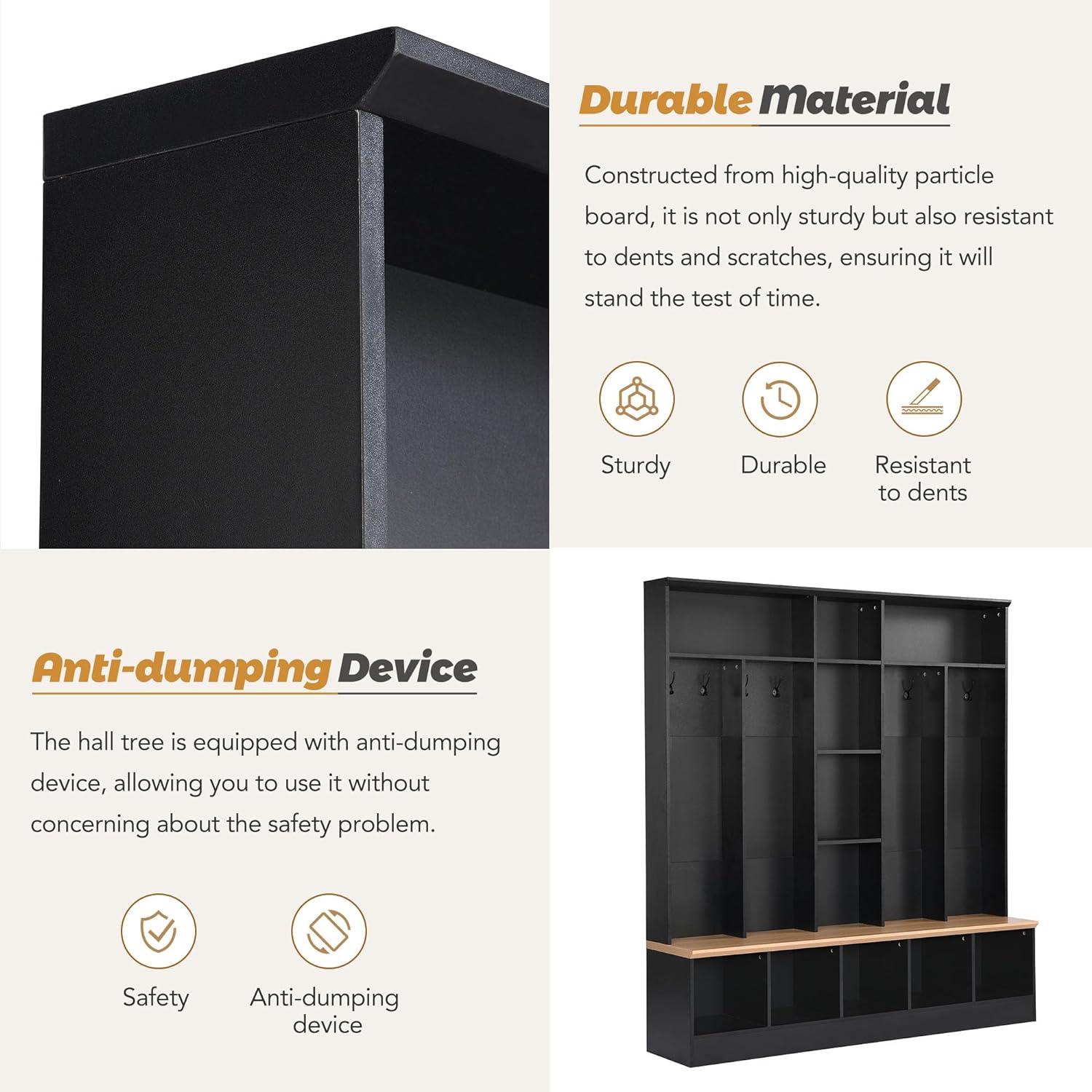 Hall Tree with Storage Bench and 8 Hooks, Black F639396