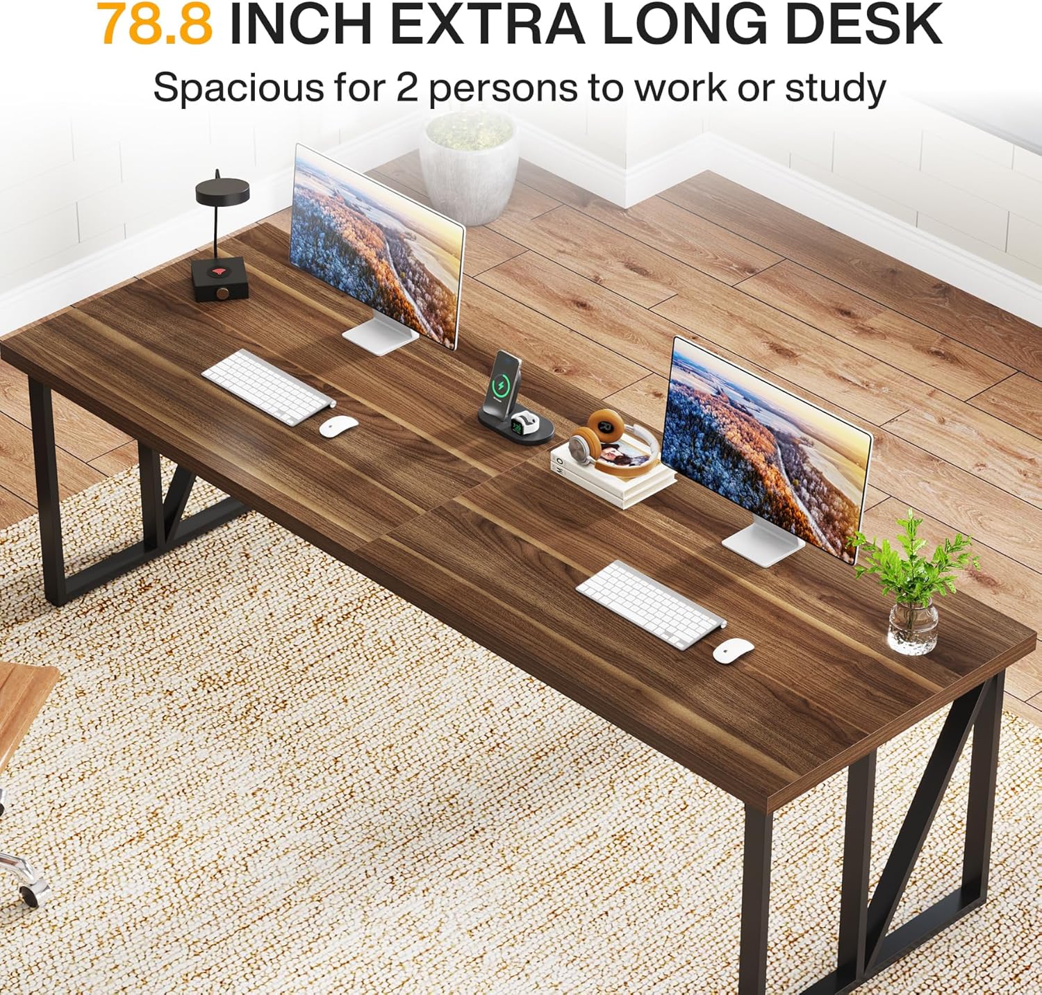 Tribesigns 78.7 Inch Double Computer Desk, Wood Home Office Desk, Brown V9398