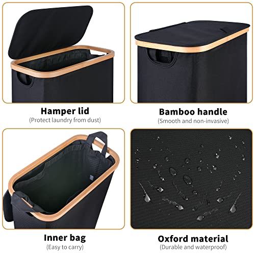 Slim Laundry Hamper with Lid, 75L Collapsible Clothes Basket with Bamboo Handles, Black R4048