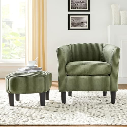 Accent Chair with Ottoman, Modern Barrel Comfy Corduroy Fabric Armchair and Footrest Set, Single Sofa Chair Upholstered Round Arms Chair for Living Room Bedroom Reading Room Office, Green