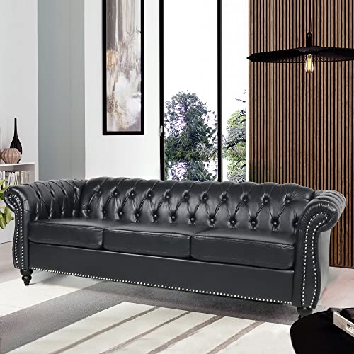 Chesterfield Leather Sofa 84" Tufted 3 Seater with Rolled Arms, Dark Brown F8129