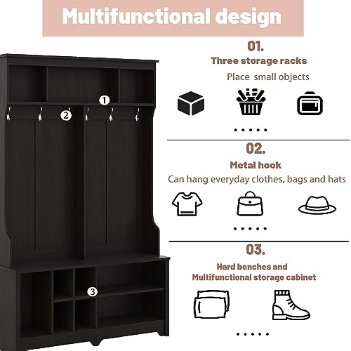 Hall Tree with Storage Bench, 60 Inch Wooden Mudroom Bench Q2403