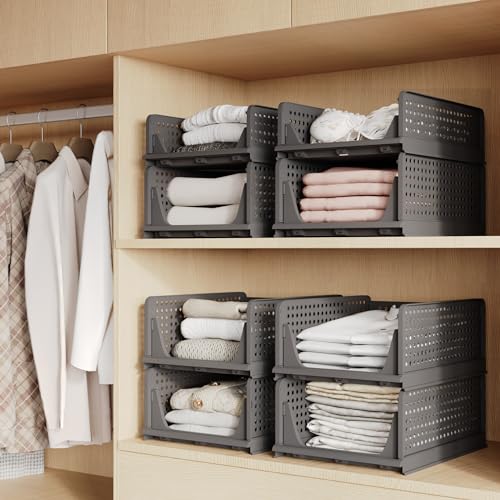 Pinkpum 5 Pack Folding Closet Organizers Storage Box, Stackable Plastic Drawer Basket for Clothing (Grey) H4860