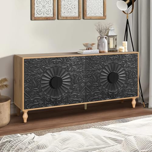 Carved Flower Sideboard Buffet Cabinet with Storage, 63" P1969