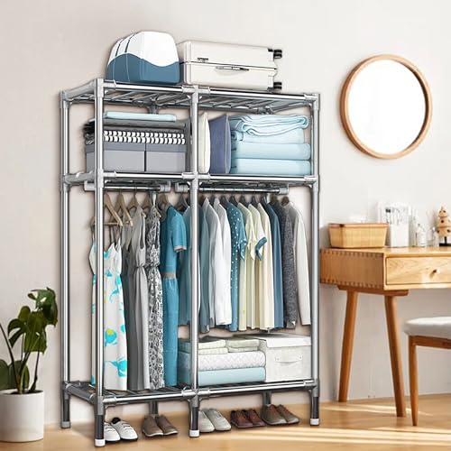 Portable Closet Metal Wardrobe with 2 Hanging Rods and Shelves C211