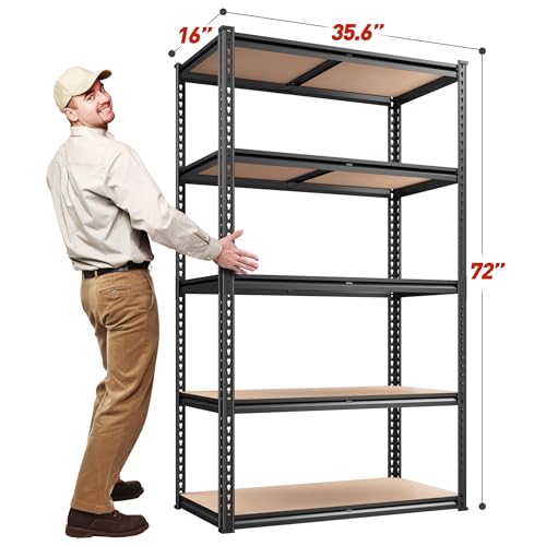 REIBII 2045LBS Storage Shelves 72" H x 35.55" W x 16" D Heavy Duty 5 Tier Adjustable Metal Shelving Unit, Black Q376