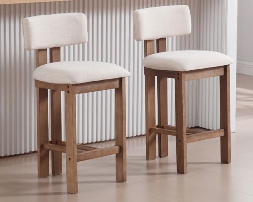 Farmhouse Kitchen Bar Stools Set of 4, Beige Linen Upholstered with Backs F6052