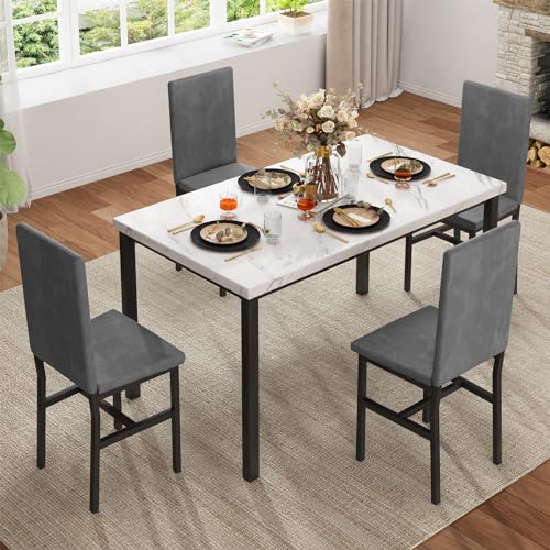 Hooseng Dining Table Set for 4, Faux Marble Tabletop & PU Leather Chairs, Brown & White Z433