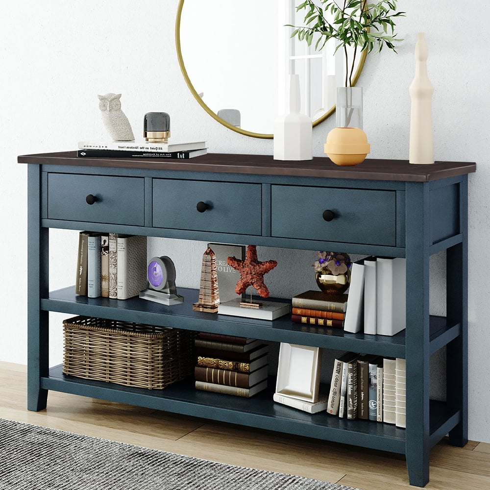 KAMIDA Storage Console Table with 3 Drawers and 2 Shelves, Navy Y382