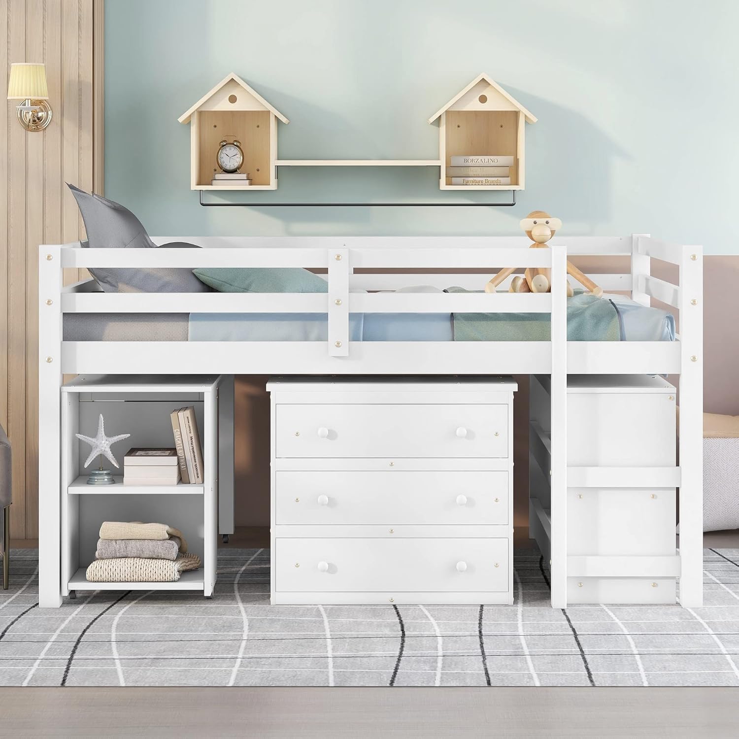 Low Loft Bed with Cabinet Shelves and Rolling Desk White O11972