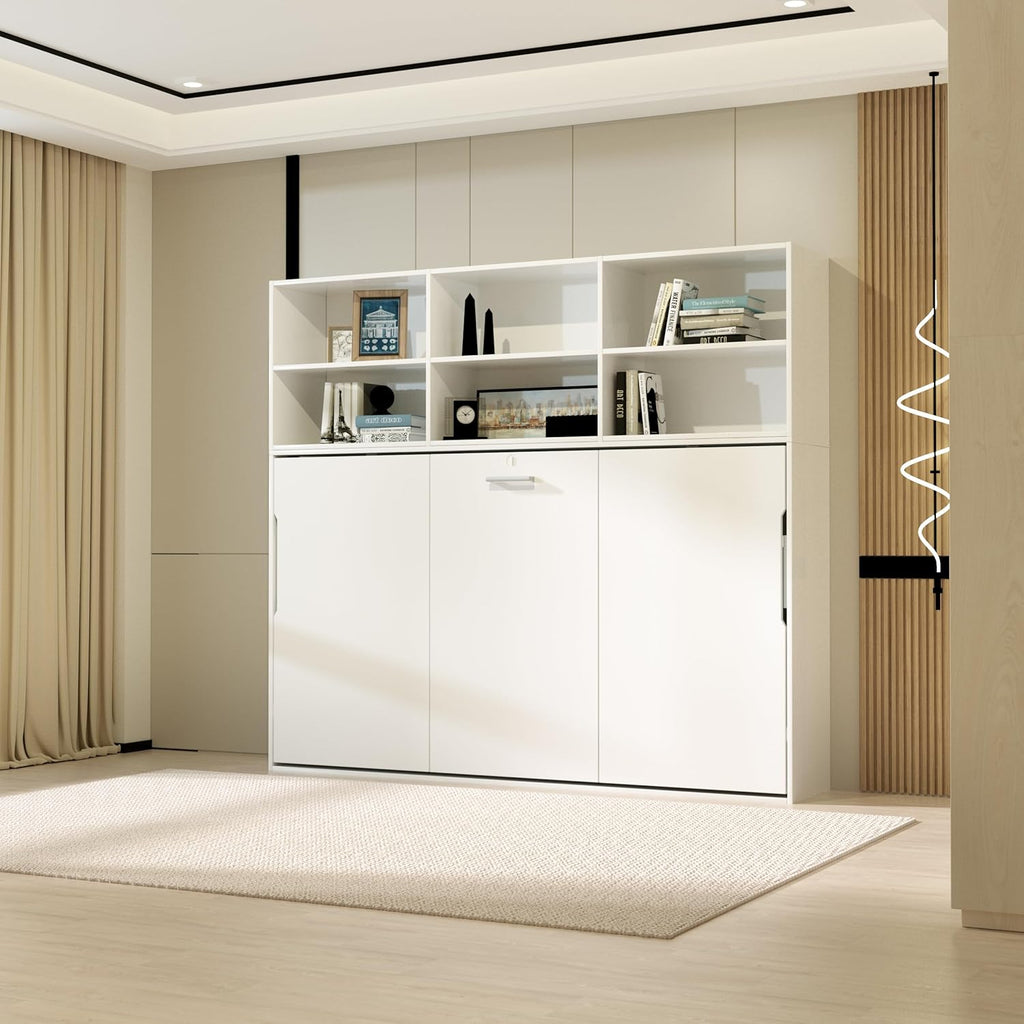 Twin Size Murphy Bed Wall Bedframe with Storage Shelves, White M2870