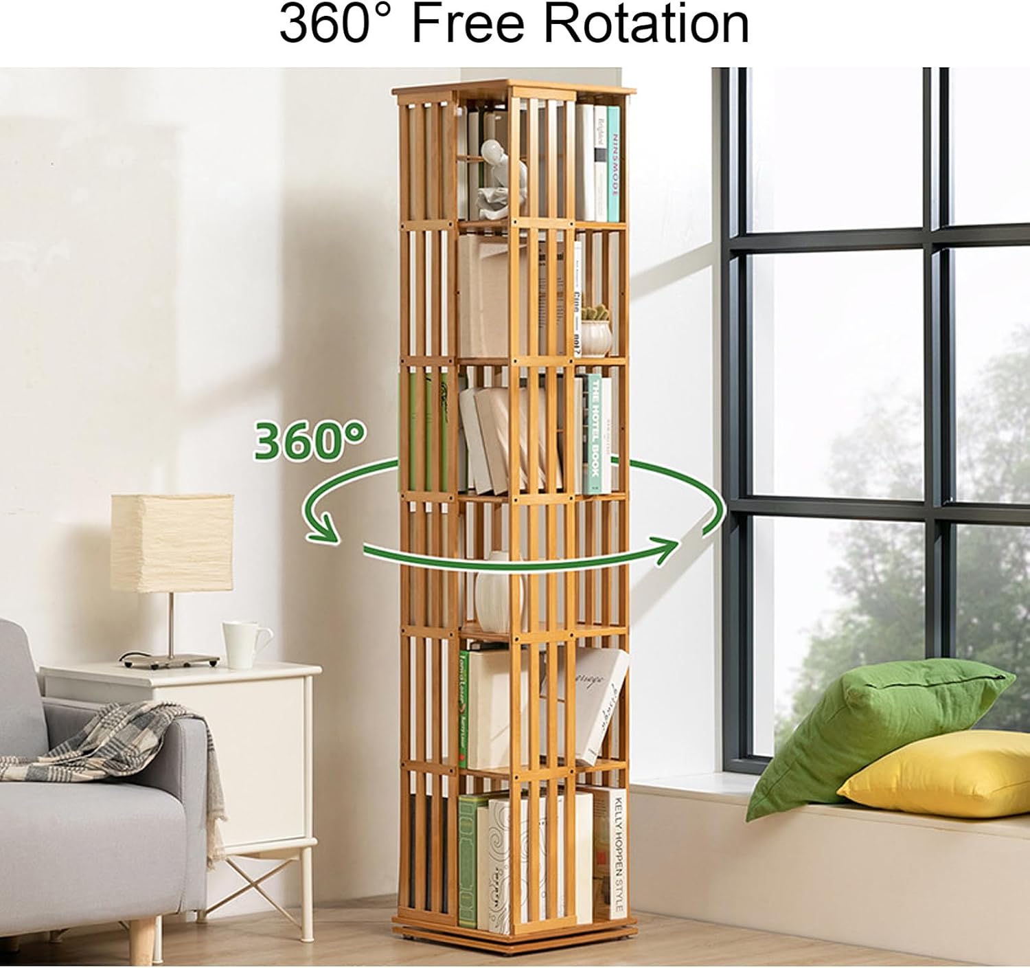 Bamboo 360 Rotating Bookshelf, 6 Tier Floor Standing Bookcase G2968
