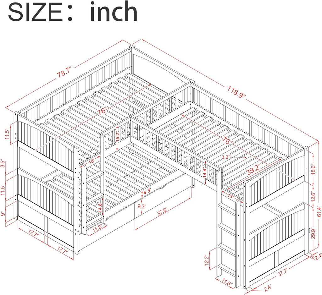 Twin over Twin L-Shaped Triple Bunk Beds with Storage Drawers, Gray Z2907